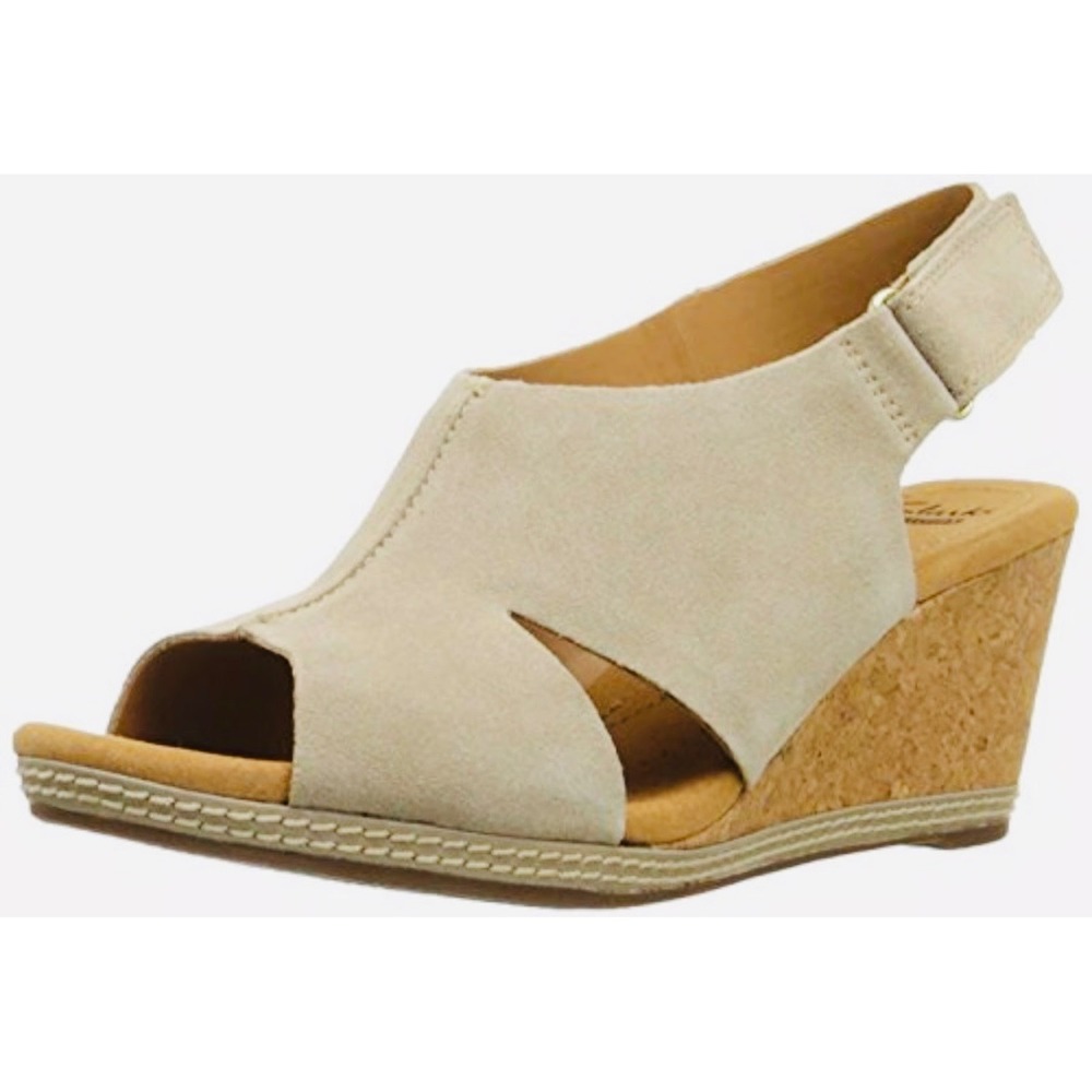 Clarks Collection Women Sand Suede Cork Wedge Slingback Sandals US 6 M Peep Toe